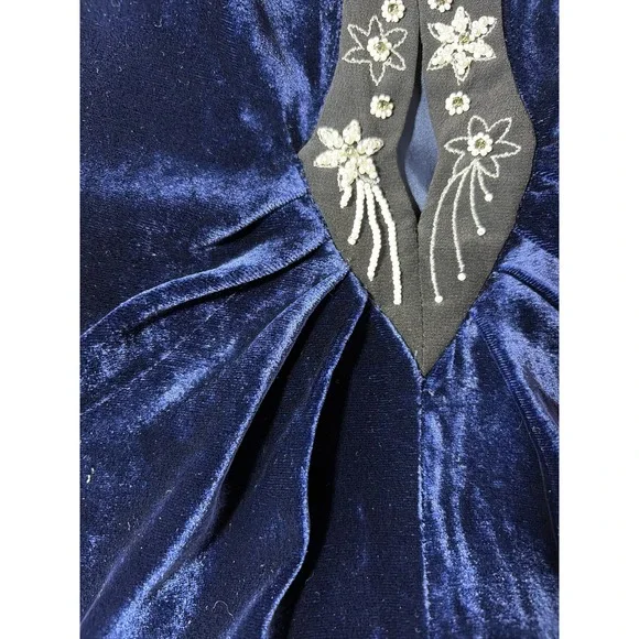 Saloni Jinx C Navy Blue Velvet Crystal Embellished Midi Dress Long Sleeve Slit - Picture 11 of 11